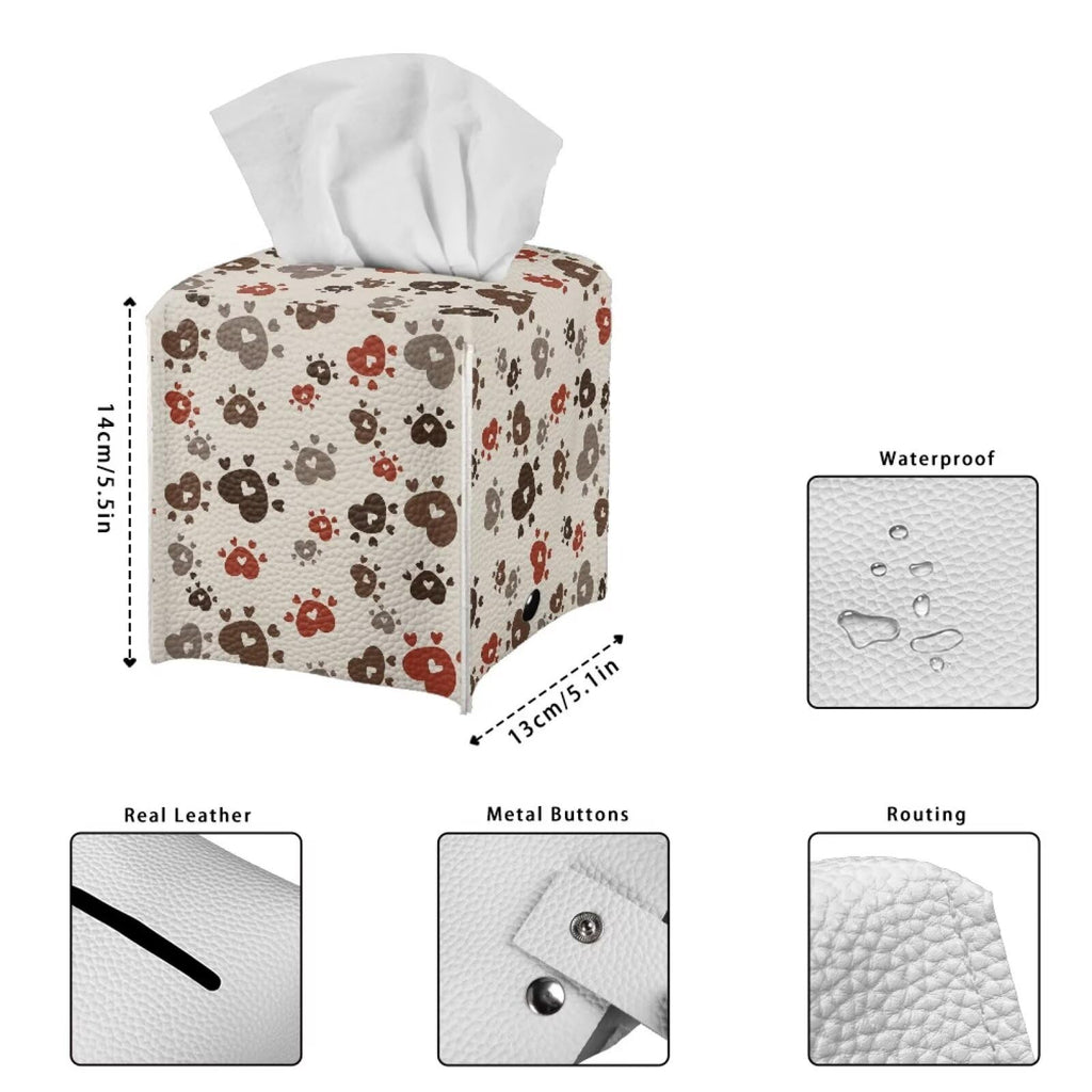 Pzuqiu Brown Dog Paws Tissue Box Cover Holder Stylish PU Leather Square Tissue Box Cover with Metal Button Waterproof Napkin Holder for Home Office Car Bathroom Decor