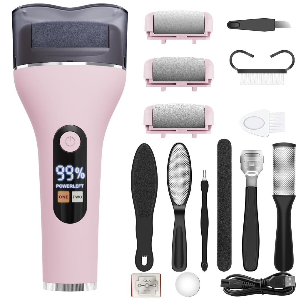 Electric Callus Remover for Feet Rechargeable Portable Electronic Foot File Pedicure Tools 16 in 1 Foot Callus Remover Kit Foot Scrubber to Remove Dead Skin (Pink)