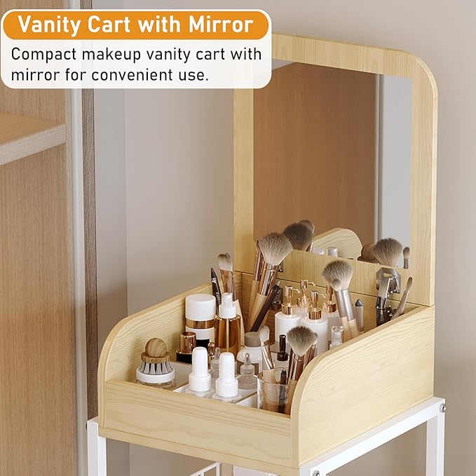 Makeup Cart Organizer with Mirror-Floor Makeup Organizer Cart with Drawers