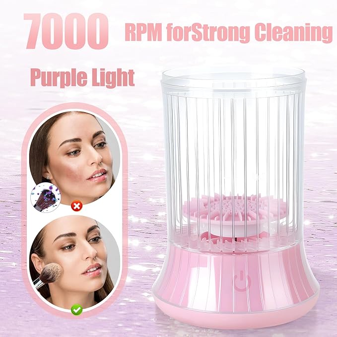 Electric Makeup Brush Cleaner Machine, USB Powered Automatic Spinning Makeup Brush Cleaner with 2 Cleaning Modes, Portable Brush Cleaner for Deep Cleaning Cosmetic Brushes, Pink