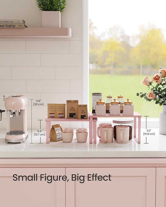 SONGMICS Cabinet Organizer Shelf, Set of 2 Kitchen Counter Shelves, Kitchen Storage, Spice Rack, Stackable, Expandable, Metal and Engineered Wood, 11.7 Inches, Jelly Pink UKCS020S01