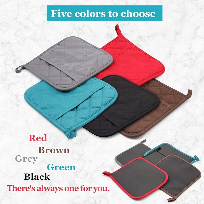 YEKOO 2Pcs Cotton and Neoprene Oven Pads Pot Holders with Pocket 8"x8.5" Dual-Function Hot Pad Set for Finger Hand Wrist Protection Heat Resistant to 428°F,Black