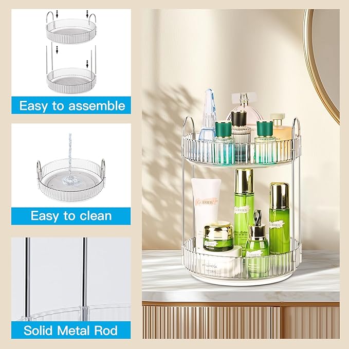Niluks 360 Rotating Makeup Organizer, 2 Tier Lazy Susan Bathroom Counter Organizer, Skincare Organizers, Spinning Perfume Organizer & Vanity Organizer Countertop (Silver Clear, 2 Tier)