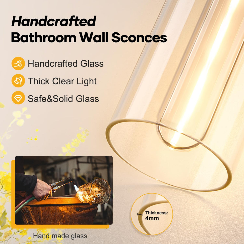 Meybiok Wall Sconces Set of Two, Brushed Gold Bathroom Sconces Wall Lighting with Clear Glass, Hardwired Modern Sconces Wall Decor Set of 2 for Bathroom Mirror Bedroom Living Room Hallway