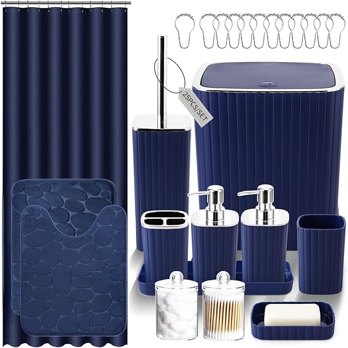 XLHOMO Bathroom Accessory Set - 25PC Green Bathroom Sets, Bathroom Set with Shower Curtain and Rugs, Dark Green Shower Curtain Set, Trash Can, Qtip Holder & Soap Dispenser