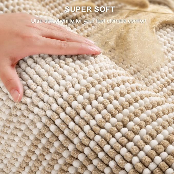 BSICPRO Bathroom Rugs and Mats Sets, 2 Piece Thick Absorbent Chenille Bath Mat Rug Set Non Slip, Soft Shaggy Bath Room Floor Mats for Bathroom, Machine Washable (20" x 32" Plus 16" x 24", Beige)