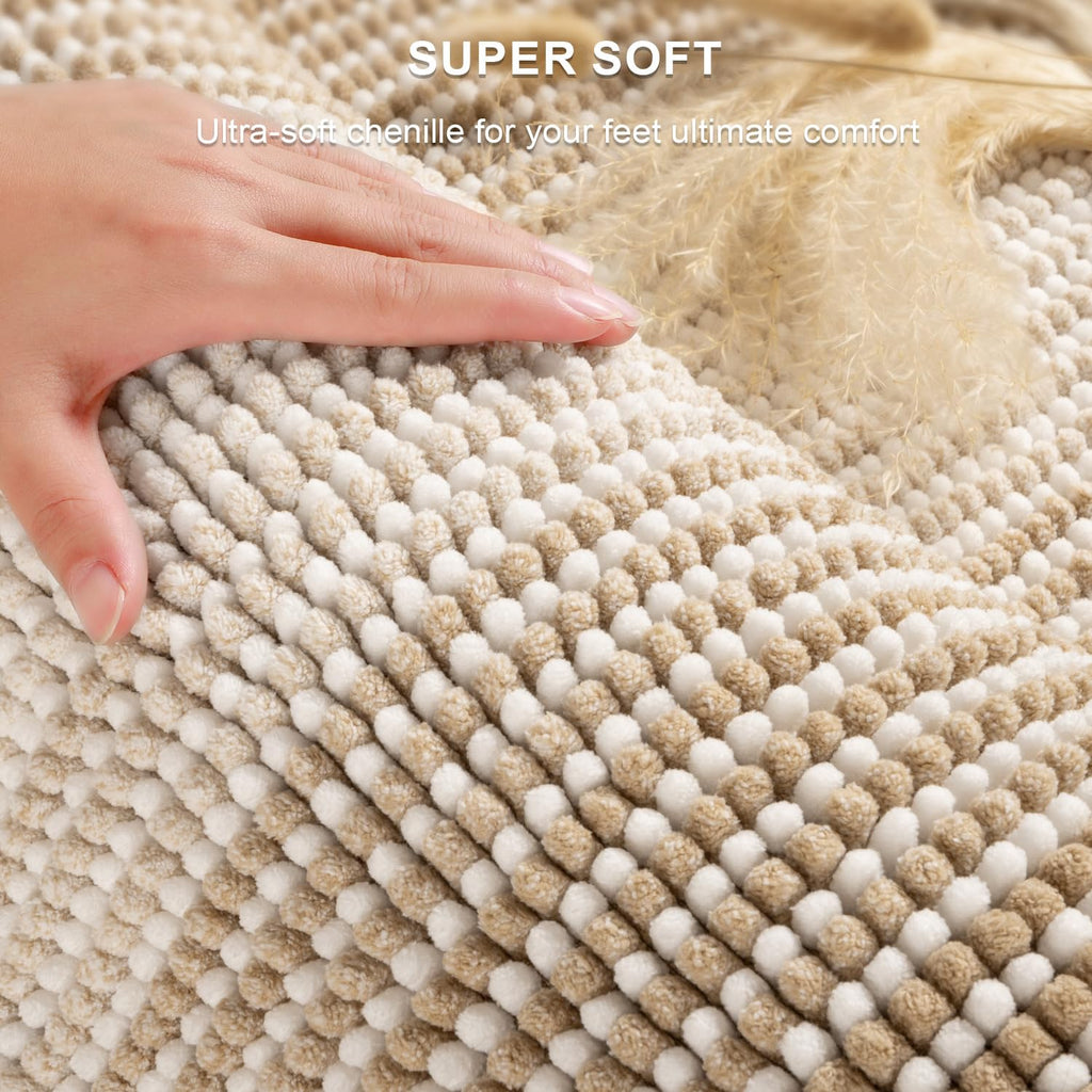 BSICPRO Bathroom Rugs and Mats Sets, 2 Piece Thick Absorbent Chenille Bath Mat Rug Set Non Slip, Soft Shaggy Bath Room Floor Mats for Bathroom, Machine Washable (Beige, 20" x 47" Plus 20" x 32")