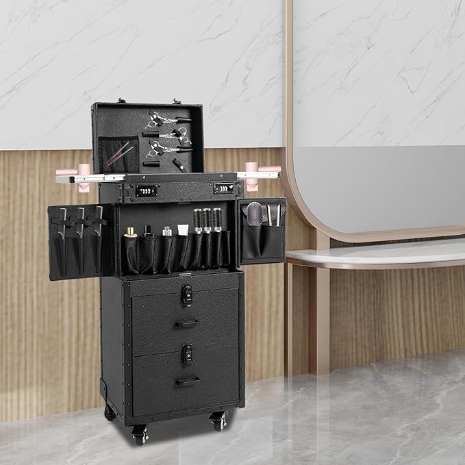 Makeup Train Case, Beauty Salon Luggage, Rolling Lockable Makeup Train Case Hairdressing Trolley Stylist Beauty Salon Cosmetic Luggage Travel Organizer Tool Box with Hair Dryer Holde