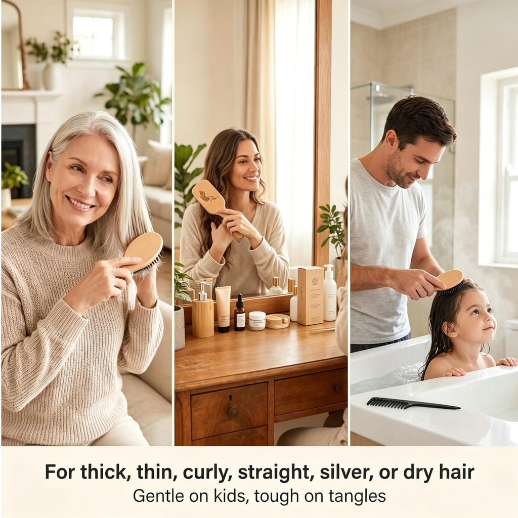 Boar Bristle Hair Brush and Comb Set for Women Men Kids, Best Natural Wooden Paddle Hairbrush and Small Travel Styling Brush for Wet or Dry Hair Detangling Smoothing Massaging