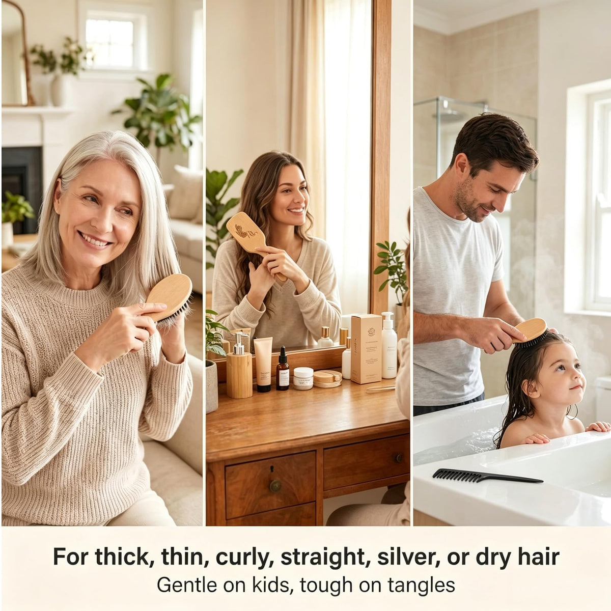 Boar Bristle Hair Brush and Comb Set for Women Men Kids, Best Natural Wooden Paddle Hairbrush and Small Travel Styling Brush for Wet or Dry Hair Detangling Smoothing Massaging