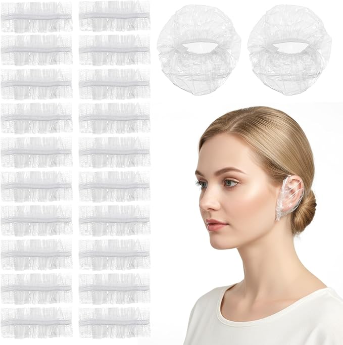 200Pcs Disposable Ear Covers for Shower, Lightweight Disposable Ear Covers for Hair Dye, Clear Plastic Ears Caps with Soft Elastic, for Hair Colouring and Beauty Treatments, Travel-Ready Carry