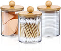 DIYOHFE 3PCS Acrylic Qtip Dispensers Holders With Wood lid, Clear Bathroom Round Countertop Storage Organizer Canister for Cotton Balls,Swabs,Pads,Bath Salts ,Makeup Sponges,Tooth Floss