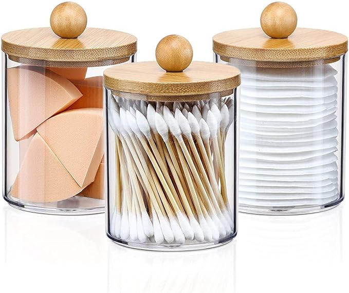 DIYOHFE 3PCS Acrylic Qtip Dispensers Holders With Wood lid, Clear Bathroom Round Countertop Storage Organizer Canister for Cotton Balls,Swabs,Pads,Bath Salts ,Makeup Sponges,Tooth Floss