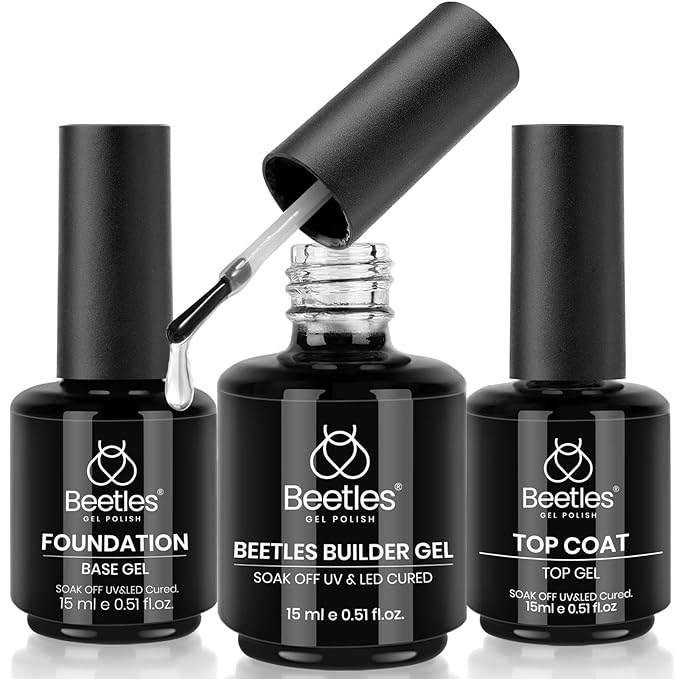 Beetles 3Pcs 15ml Builder Nail Gel with No Wipe Top Coat and Base Coat Kit for Gel Polish Shine Finish & Long Lasting Nail Protection UV/LED Lamp Needed for Women