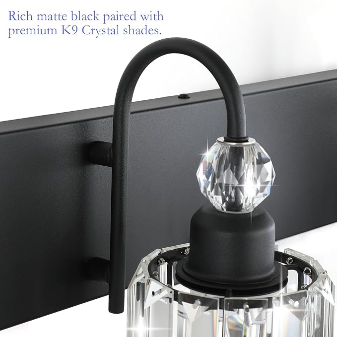 Ralbay Modern 6-Light Black Crystal Vanity Lights for Bathroom - Matte Black Crystal Wall Light Fixtures