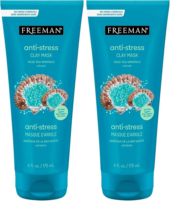 FREEMAN Dead Sea Minerals Anti-Stress Clay Facial Mask, Hydrating & Clarifying, Clears Pores, Face Mask With Lavender & Bergamot For Radiant Skin, Skin Types, 6 fl. oz./175 mL Tube (Pack of 2)