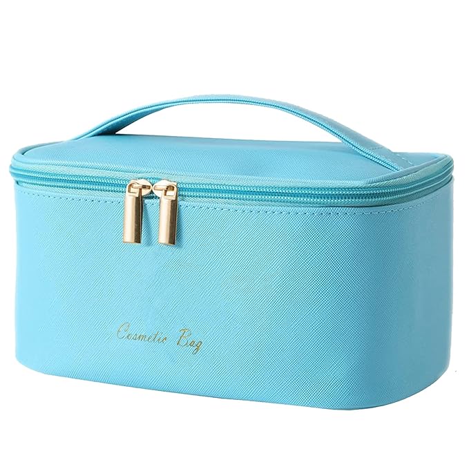 Meiyuuo Travel Makeup Bag for Women, PU Leather Cosmetic Bag, Bright Blue