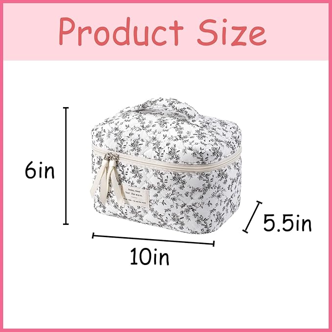 uekeboag Large Travel Quilted Makeup Bag for Women, Floral Cotton Cosmetic Bag, Coquette Aesthetic Floral Toiletry Organizer Bag(Black Flower