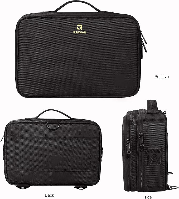 Relavel Makeup Bag Train Case for Women Travel Cosmetic Organizer with Adjustable Dividers and Brush Compartment, Large Storage Box for Cosmetics, Toiletries, Nail Polish, Jewelry, Electronic (Black)