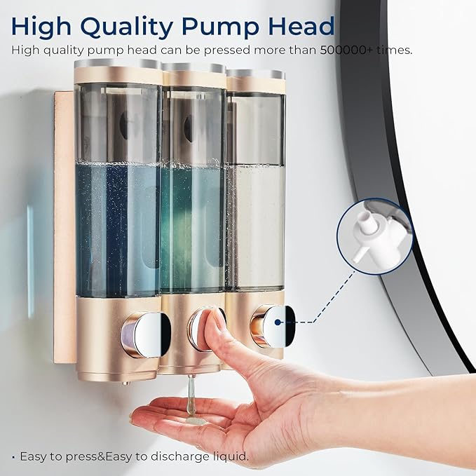 Shampoo and Conditioner Dispenser, Pollock Shower Soap Dispenser 3 Chamber No Drill, Wall Mounted Shampoo Body Wash Conditioner for Bathroom Large Capacity, Hotel Gold