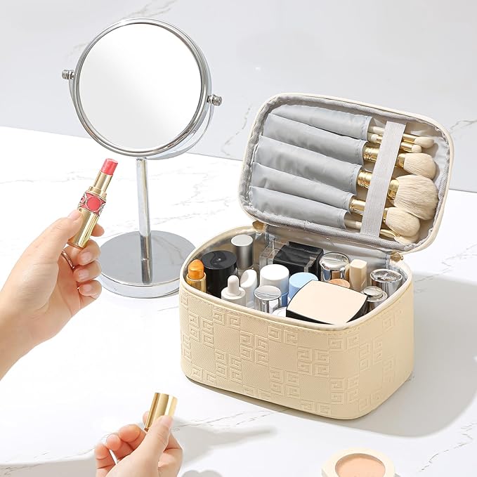 Meiyuuo Travel Makeup Bag for Women, PU Leather Cosmetic Bag, Light Beige