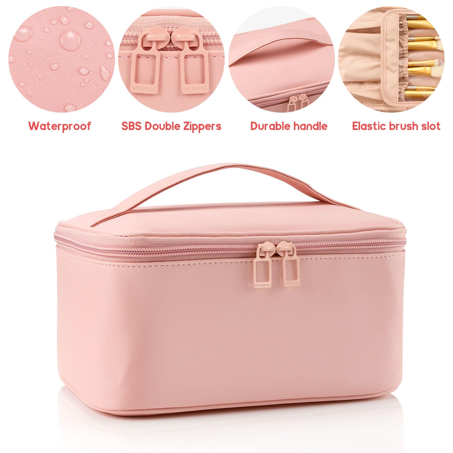 OCHEAL Pink Makeup Bag,Travel Makeup Organizer Bag, Large Capacity Cosmetic Bags For Women Large Travel Toiletry Bag Girls Traveling With Brush Slot And Divider