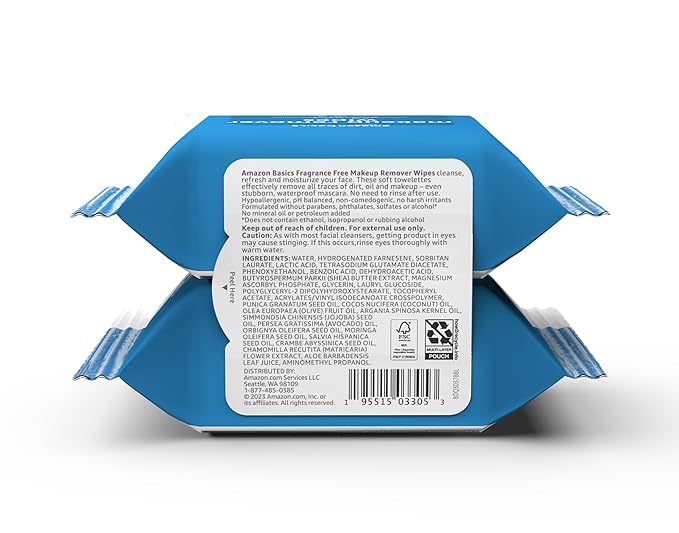 Amazon Basics Makeup Remover Wipes, Formulated without Fragrance and Alcohol-Free, Gentle Cleansing, Removes Waterproof Mascara, Dermatologist Tested, 25 Count, Pack of 2