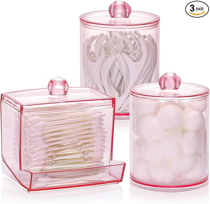 Tbestmax Pink Qtips Dispenser Bathroom Container, 10/12 oz Big Cotton Ball Holder, Apothecary Jar Organizer for Storage Cotton Swab, Round Pads, Floss Picks