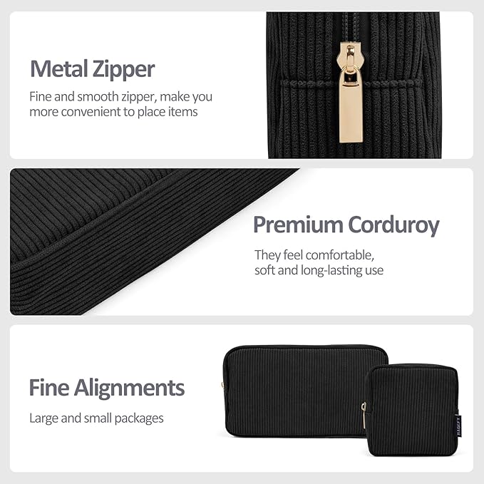 MAGEFY Makeup Bag 2 Pcs Corduroy Cosmetic Bag Mini Big Makeup Bags for Women Travel Pouch with Slip-in Pockets(Black)
