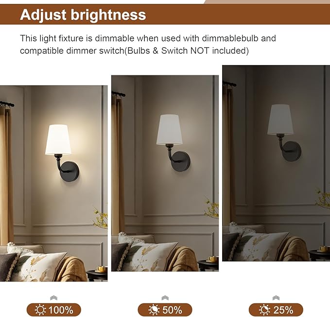 Modern Wall Sconces Set of 2, Hardwired Wall Lights with Flared White Fabric Shade, Matte Black Wall Lamps for Bedroom Bedside Stairway Bathroom Living Room(ETL Listed)