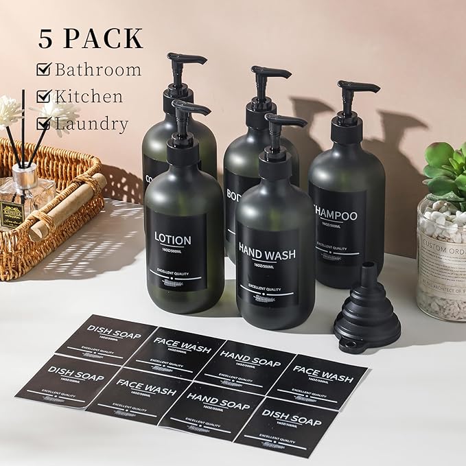 Mithrgrous Plastic Refillable Shampoo and Conditioner Bottles with Pumps and Labels (5-Pack, Green)