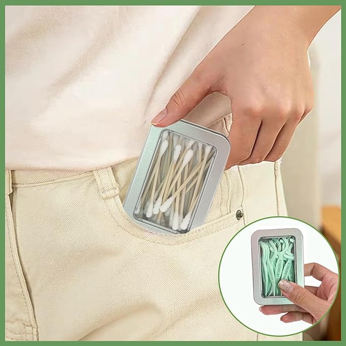 MatFirsmo Cotton Swab Holder for Travel, 2 Pcs Portable Small Dental Floss Holder Empty Metal Cotton Ball Holder, Travel Floss Picks Case with Dustproof Lid for Cotton Swabs Hair Ties Floss