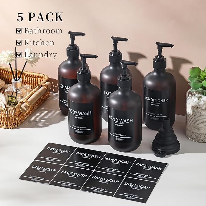 Mithrgrous Refillable Matte Amber Plastic Shampoo and Conditioner Bottles (5 Pack, 16.9oz), with Pumps and Labels