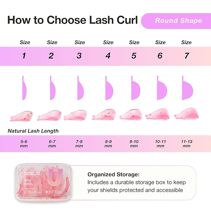 Curacoro Lash Lift Shields, 14 Pcs/7 Sizes Reusable Silicone Rods