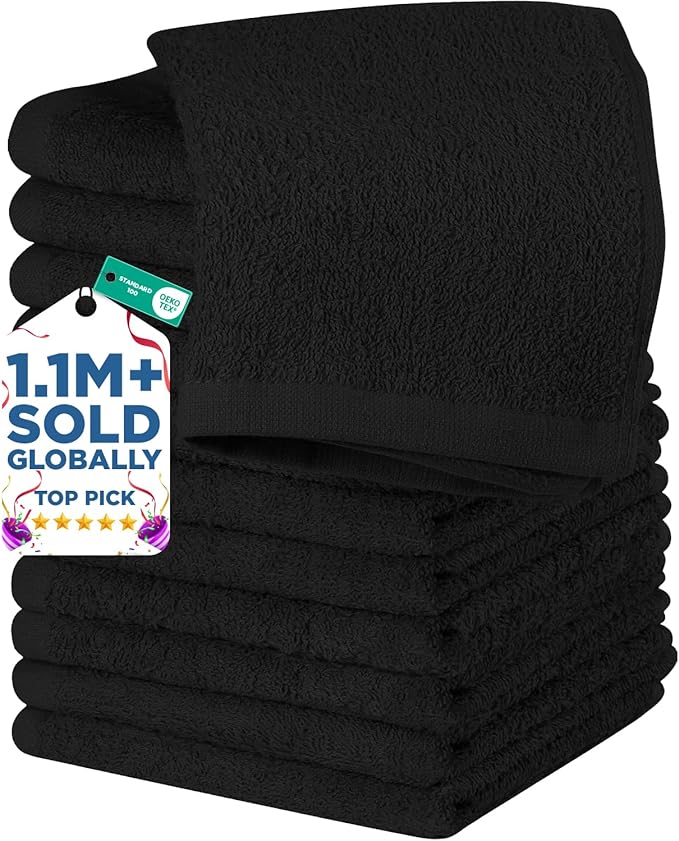 DAN RIVER 12 Pack Wash Cloths for Showering [12x12] - 100% Cotton Washcloths Premium Quality Flannel Face Cloths for Bathroom, Highly Absorbent and Soft Feel Wash Clothes, Black