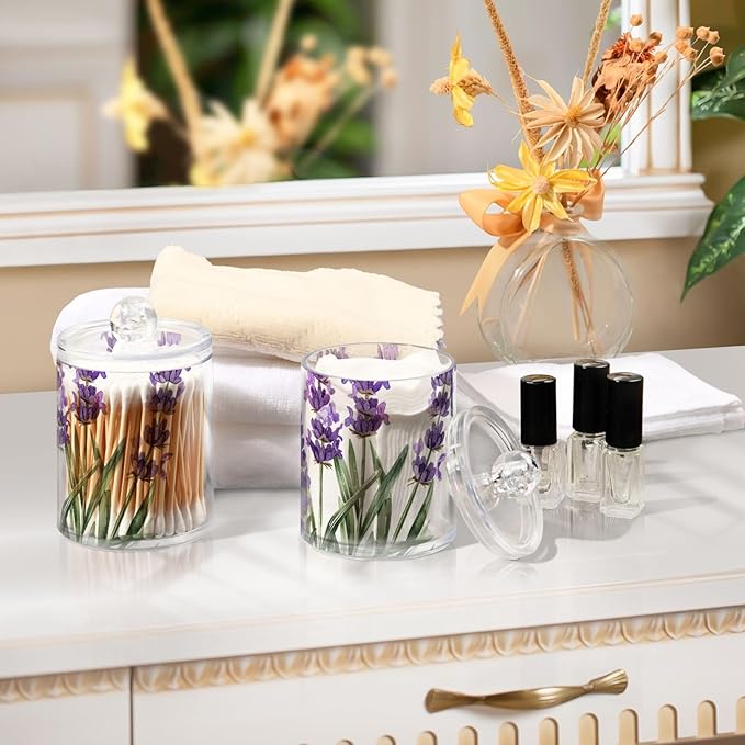 2 Pack Qtip Holder Dispenser for Cotton Ball Purple Lavender Watercolor Flower Cotton Swab Round Pads Clear Plastic Acrylic Jar Set Bathroom Canister