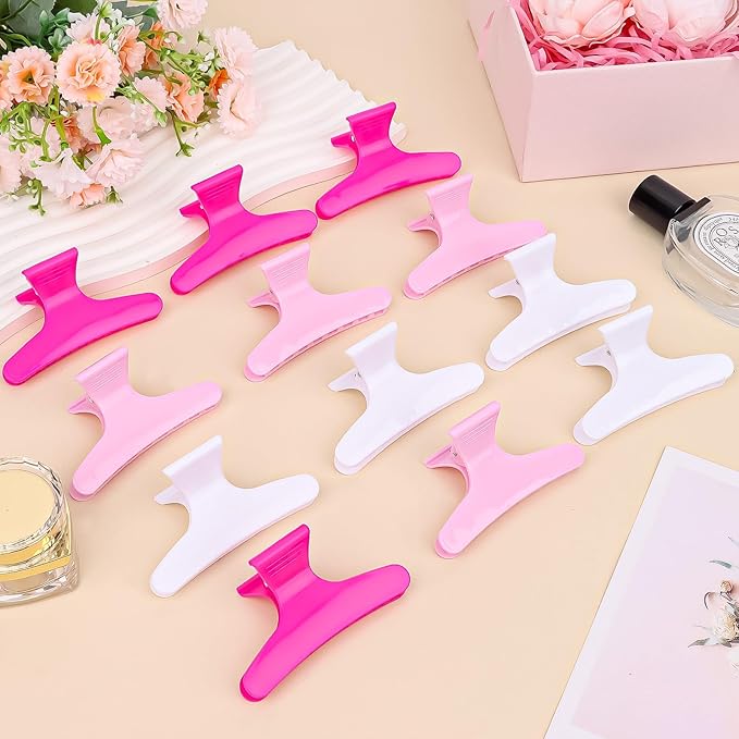 BAHABY Hair Sectioning Clips, 12 Pack, Pink and White, 3.14 Inch, Plastic Styling Clamps for Salon and Home Use