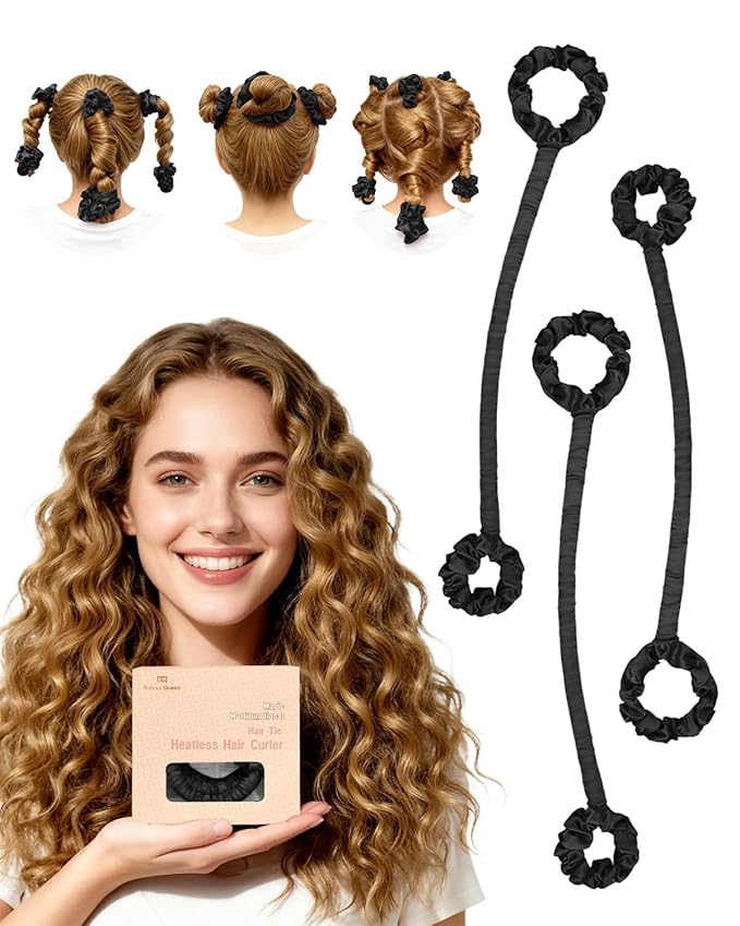 BONNET QUEEN 3 Pack Small Satin Heatless Hair Curler for Medium to Long Thick Hair, Heatless Curls Overnight, Hair Curlers to Sleep In, Damage-Free Small Curls with Built-in Scrunchie, Black