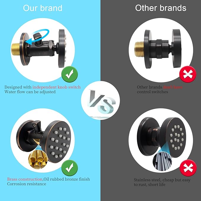 Solid Brass Shower Body Spray Jets with On Off Switch Oil Rubbed Bronze Round Shower Body Sprayer Massage Spa Wall Side Jet, Flow Can Be Controlled, Showerhead Can Swivel, 6 Pcs