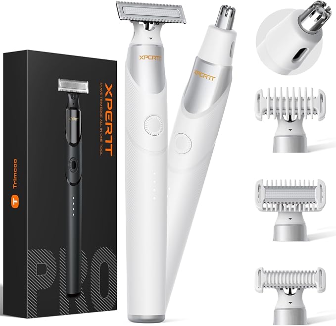 Trimcoo New 2 in 1 Body & Nose Hair Trimmer - Electric Beard Razor for Men, All-in-One Groomer with Magnetic Nose Hair Head, Waterproof Wet/Dry Use, Groin/Ball Shaver, USB-C Fast Charging,White(Solo)