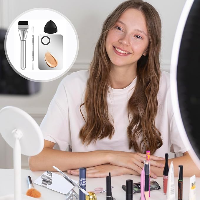 BOHUIZ 4 Pcs Makeup Foundation Mixing Palette Set Including Make Up Spatula, MakeupBrush, PaletteTray, Puff, Foundation Makeup Mixing Palette, MakeupPalette Tray (Stainless Steel)