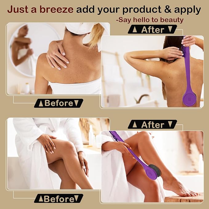 Lotion Applicator for Back, Feet, Long Handle Curved, Back Sunscreen Applicator for Kids, Women, Ultra Soft Bristles for Ultimate Comfy, Apply Cream Moisturizer, Self Tanner, Purple
