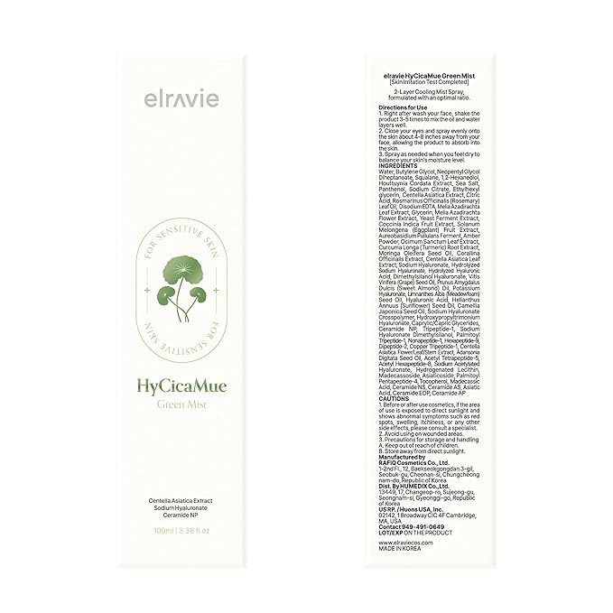 elravie HyCicaMue Green Face Mist | Ultra-Fine Face Spray for Instant Calming & Moisturizing | Cica, Peptide, Ceramide, Hyaluronic Acid | Reduce Excess Sebum & Soothe Irritated Skin | Korean Skin Care
