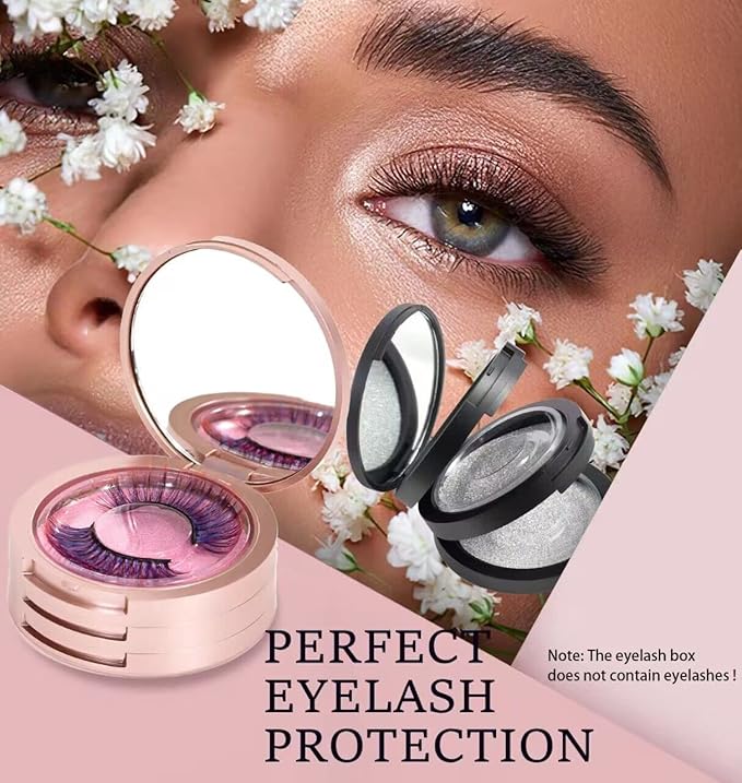 Eyelash Storage Box-2 Pack Eyelash Holder Case with Mirror 3Layers Circle Eyelash Box with Lash Holder Empty Makeup Case Travel for Women and Girls(Black,Rose Gold)