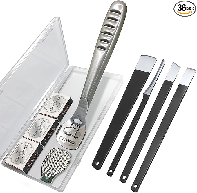 36 Pcs Callus Shaver for Feet Set, (1Stainless Foot File &1 Foot File Heads & 30 Replacement Slices Blades & 4 Pedicure Knife), Professional Callus Remover for Feet Tools for Wet and Dry Feet