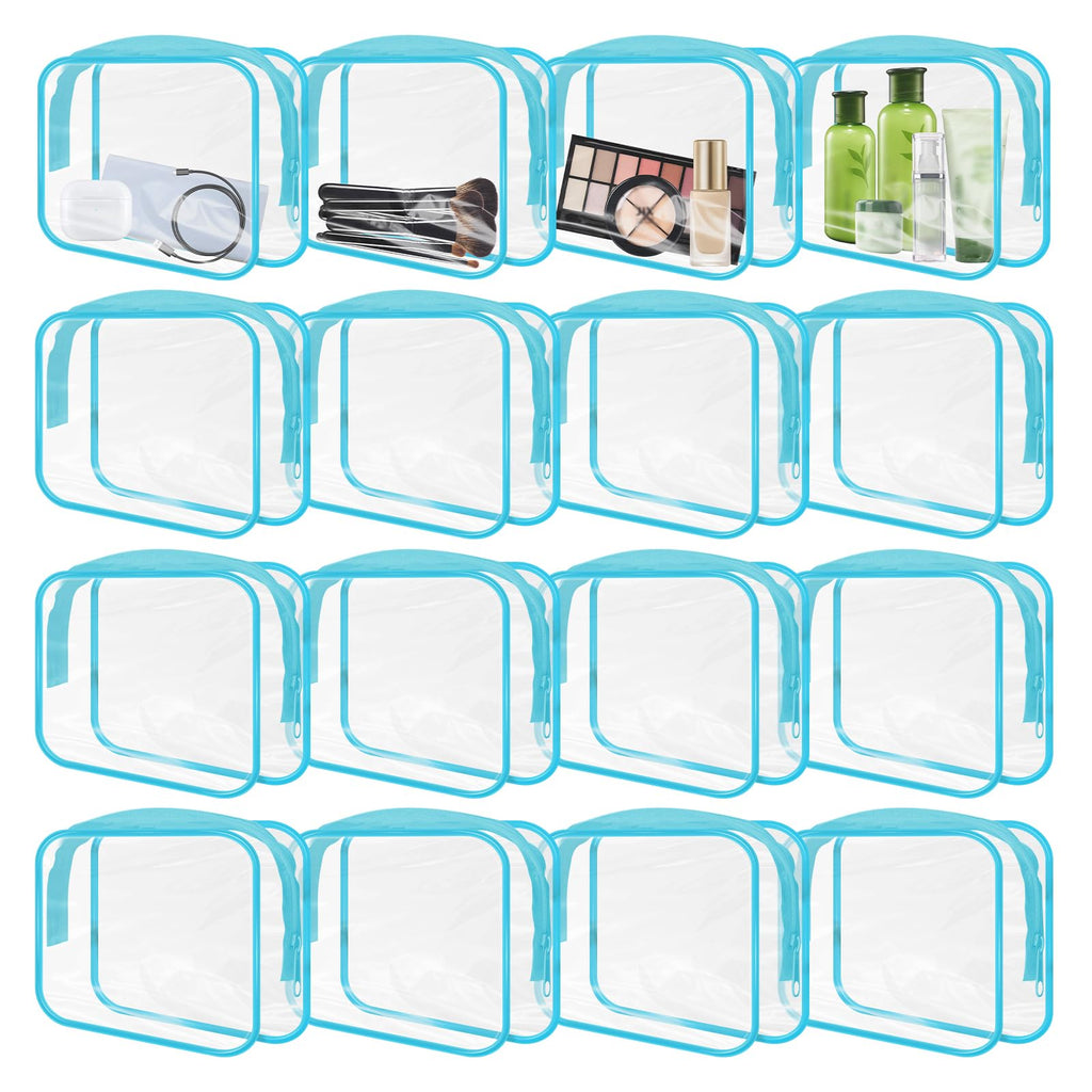 GONITYOU 16 Pieces Clear Makeup Bags Bulk, TSA Approved Toiletry Bags Travel Pouch, Waterproof PVC Plastic Small Clear Cosmetic Bags with Zipper for Organizing (Blue Border)