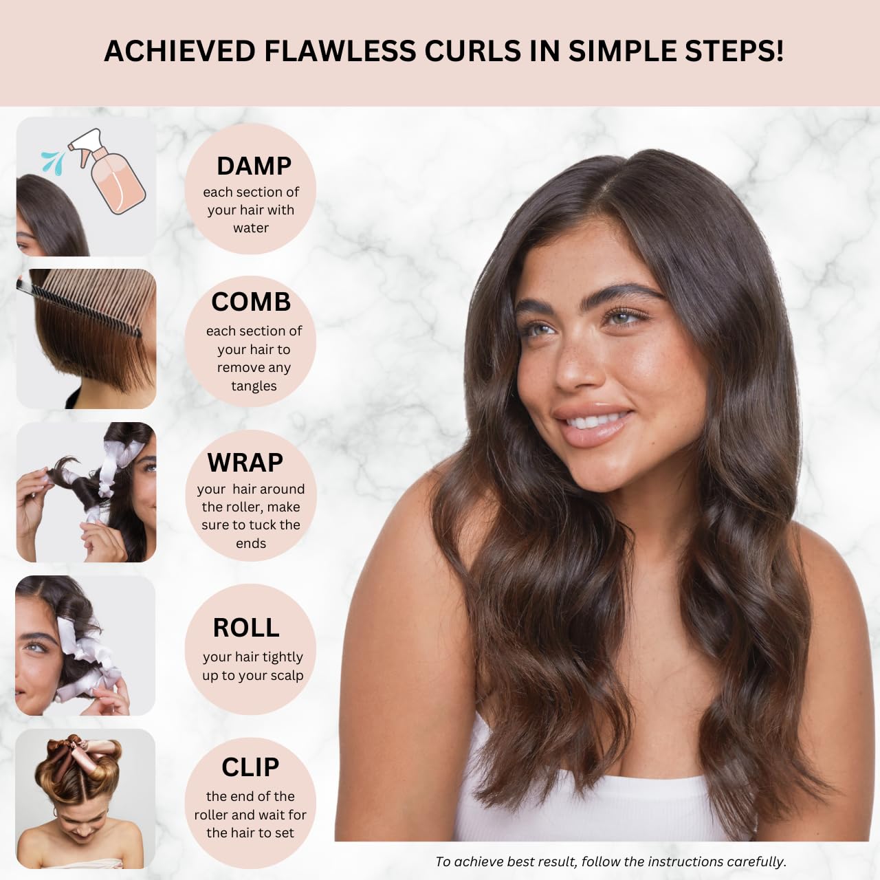 Kitsch Satin Pillow Rollers -Heatless Hair Curler, Hair Rollers, Heatless Curls Overnight, Flexible Curling Rods for Long & Short Hairs, Flexi Rod Curlers to Sleep in, 6pcs, Marble