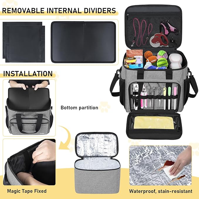 GMAK Pet Grooming Bag, Dog Grooming Tote Bags Supplies Organizer Case Pets Tools Organizer Tote for Dog Cat Grooming Tool Kit and Accessories, Grey(Bag Only)