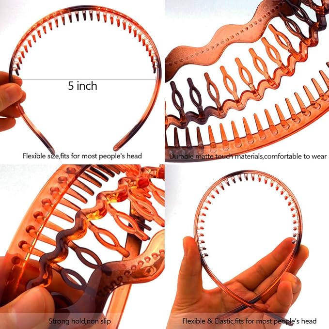 AHONEY 7 Pack Brown Headbands for Women Mens Plastic Headbands with Teeth Non Slip Hairbands for Women's Hair Accessories Comb Headband Diademas Para Mujer (Amber)