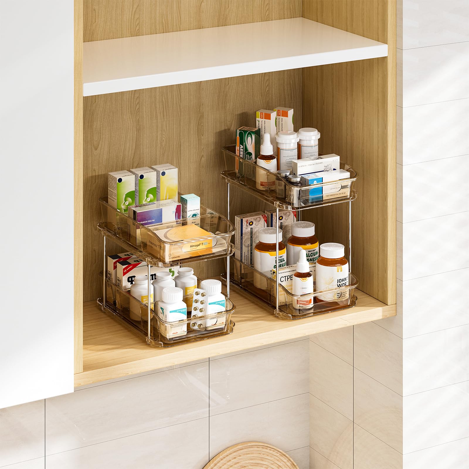 Delamu 2-Tier Under Sink Organizers and Storage, Multi-Purpose Stackable Bathroom Cabinet organizers, Pull Out Kitchen Pantry Organization and Storage with Dividers(2 Pack, Amber)